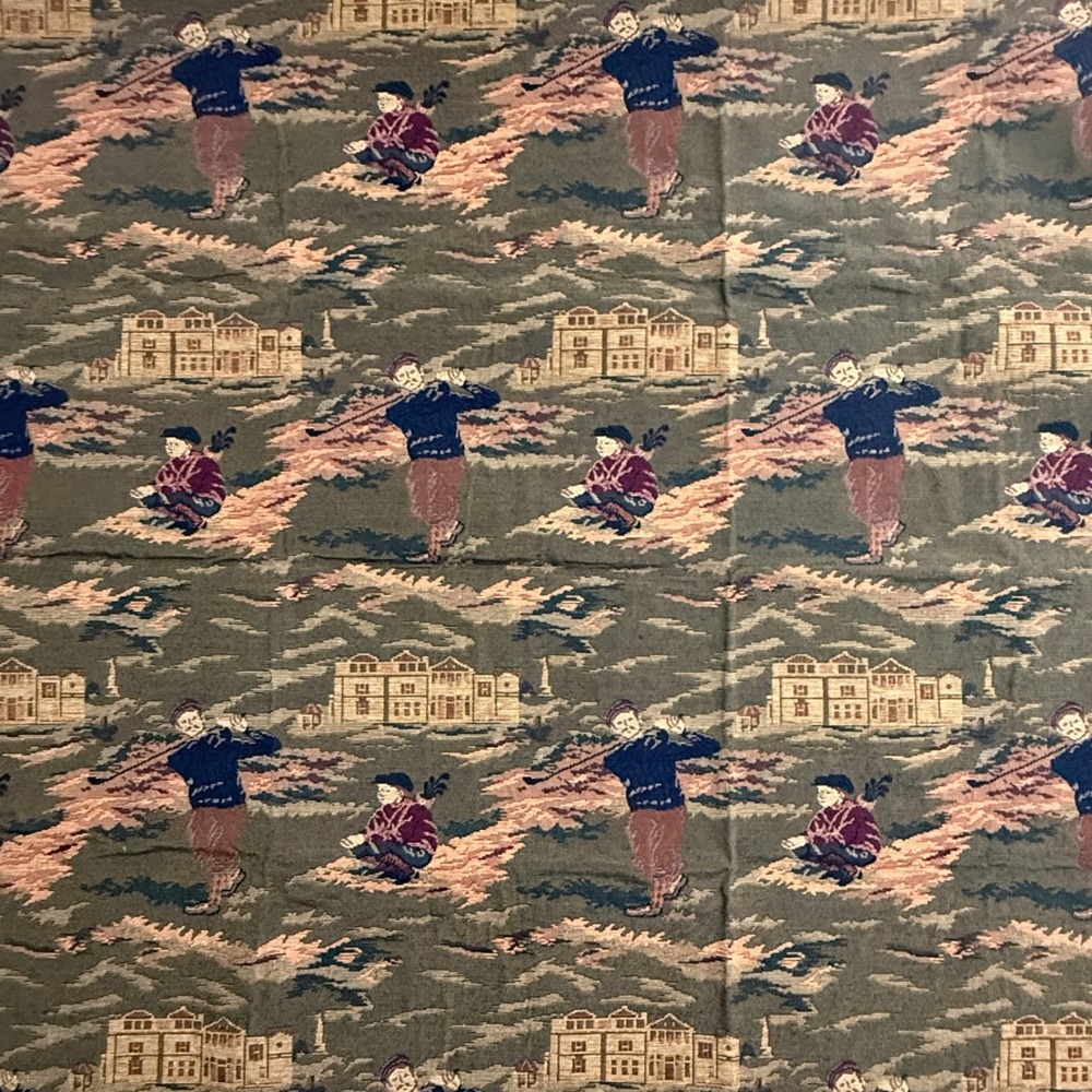 Vintage Golf Scene Tapestry Fabric 1 Yard Heavy Upholstery Material Green 54x36